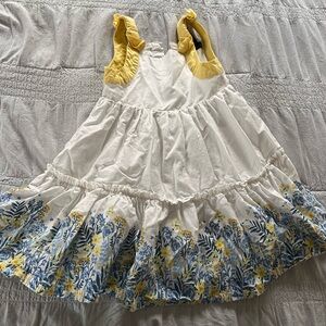 4T White Sundress with Yellow Ruffle Straps & Blue-Yellow Floral Hem